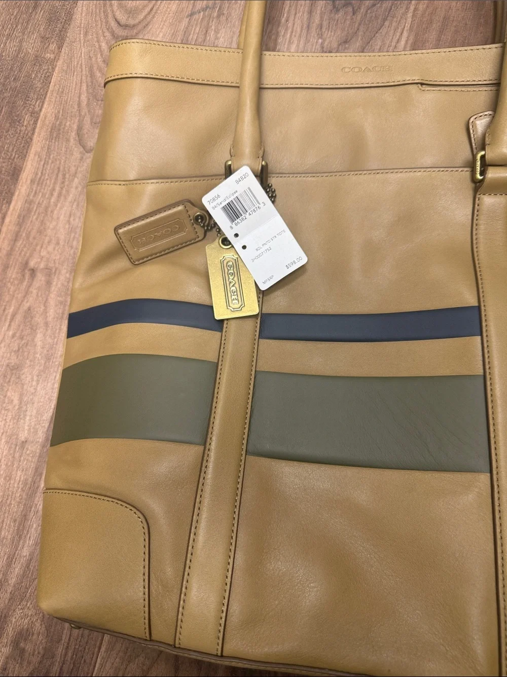 Coach Bleeker Tan Leather XL Striped Tote with Green and Blue Stripes